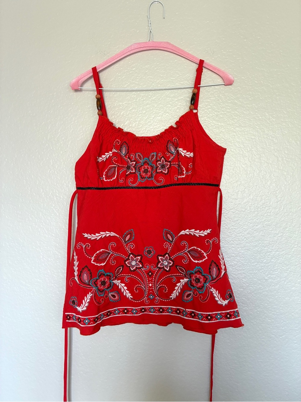Heart Soul Red Embroidered Floral  Leaf Spaghetti Strap Beaded Babydoll Top Y2K